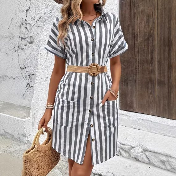 Loose-Fit Striped Elegant Single-Breasted Dress