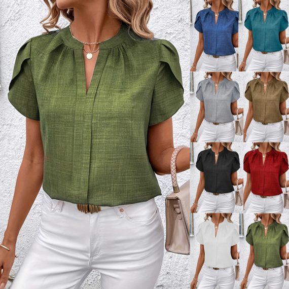 Elegant Womens V-Neck Blouse with Petal Sleeves and a Slit