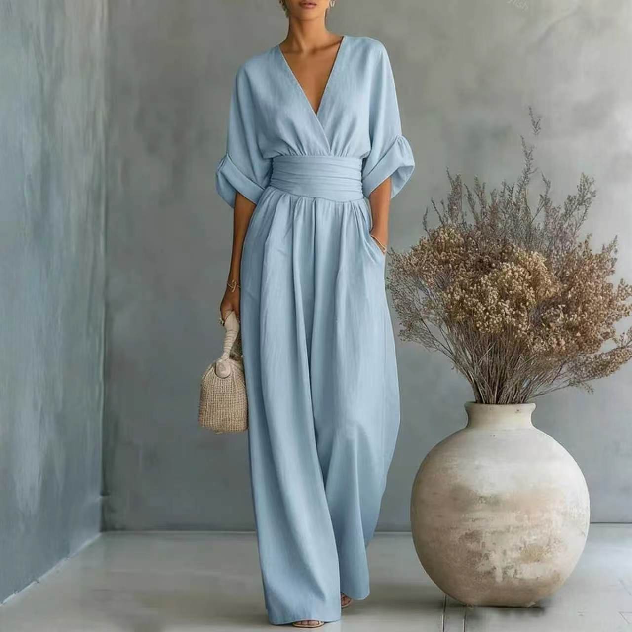 Elegant Waist-Cinching V-Neck Slimming Chic Jumpsuit