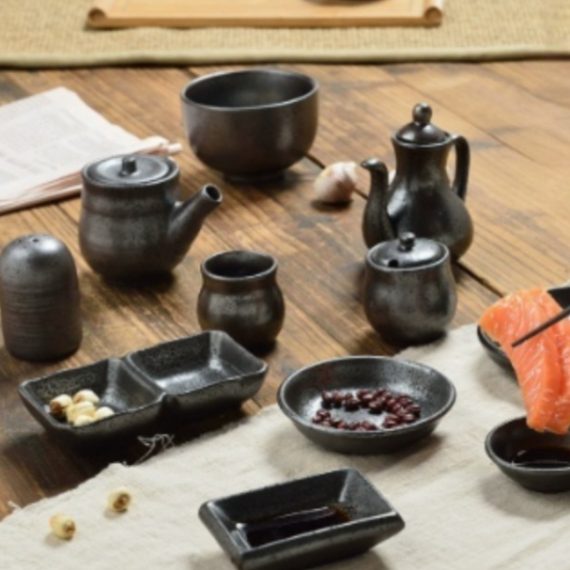 Japanese-Style Bowls and Plates Traditional Black Earthen